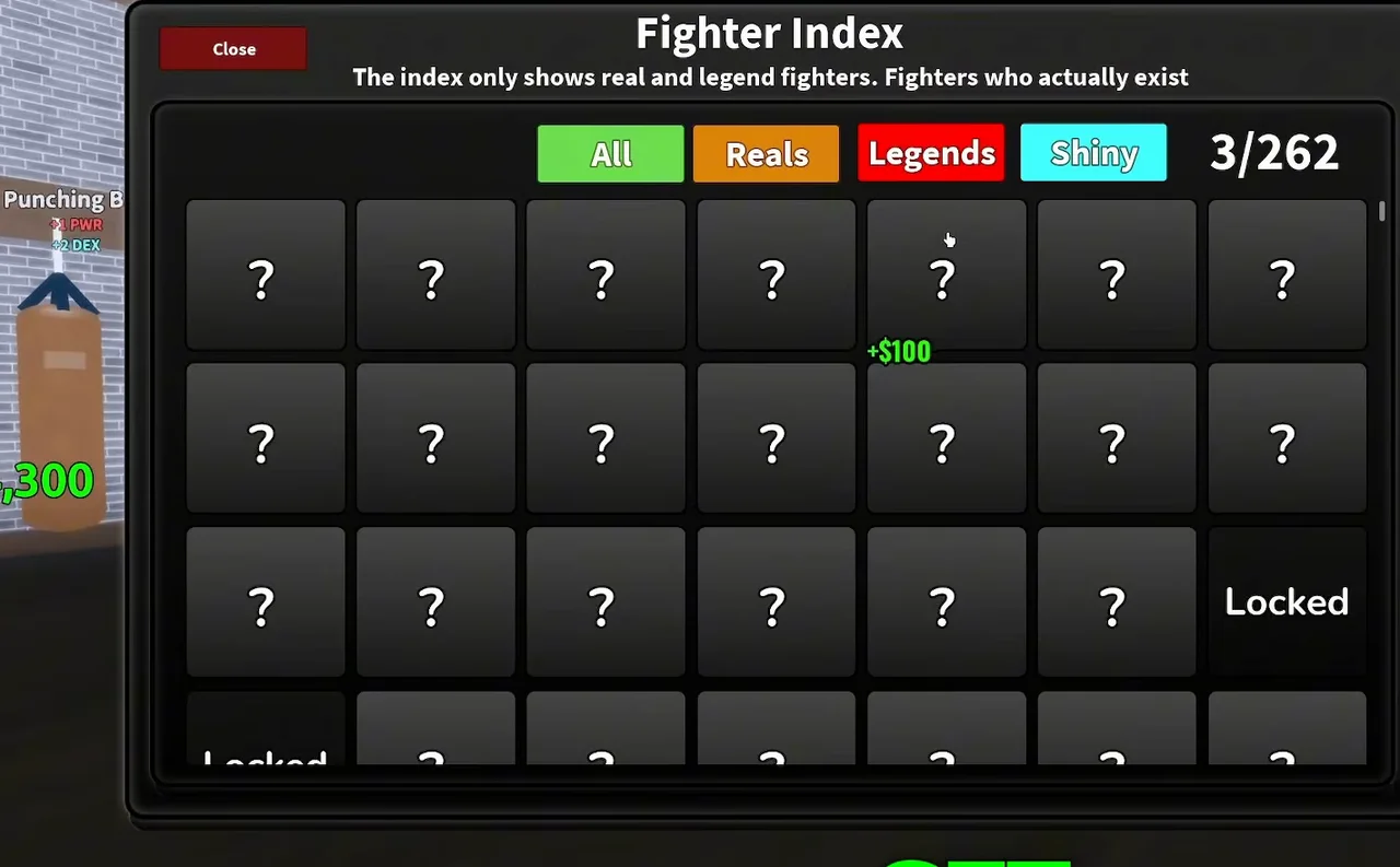 Coach a Fighter Fighter Index filter tabs showing All, Reals, Legends and Shiny