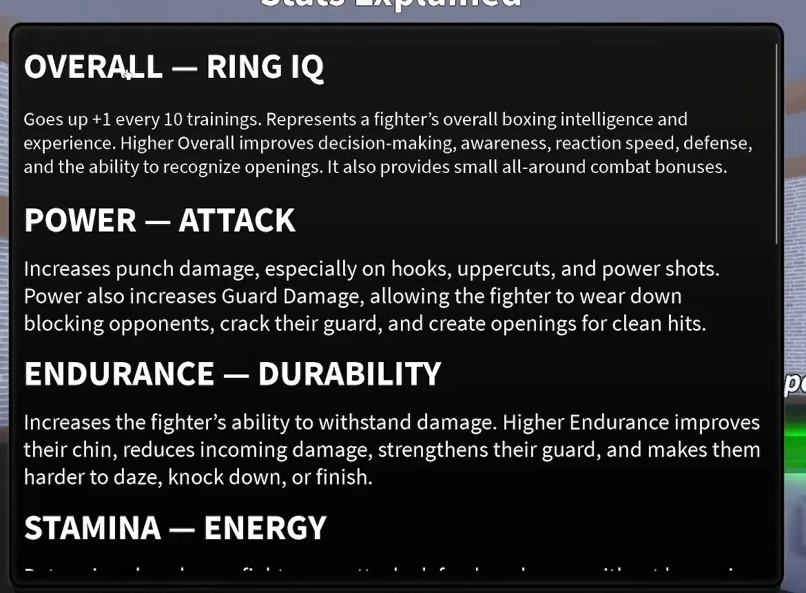 Coach a Fighter Stats Explained panel showing Overall Ring IQ, Power Attack and Endurance Durability