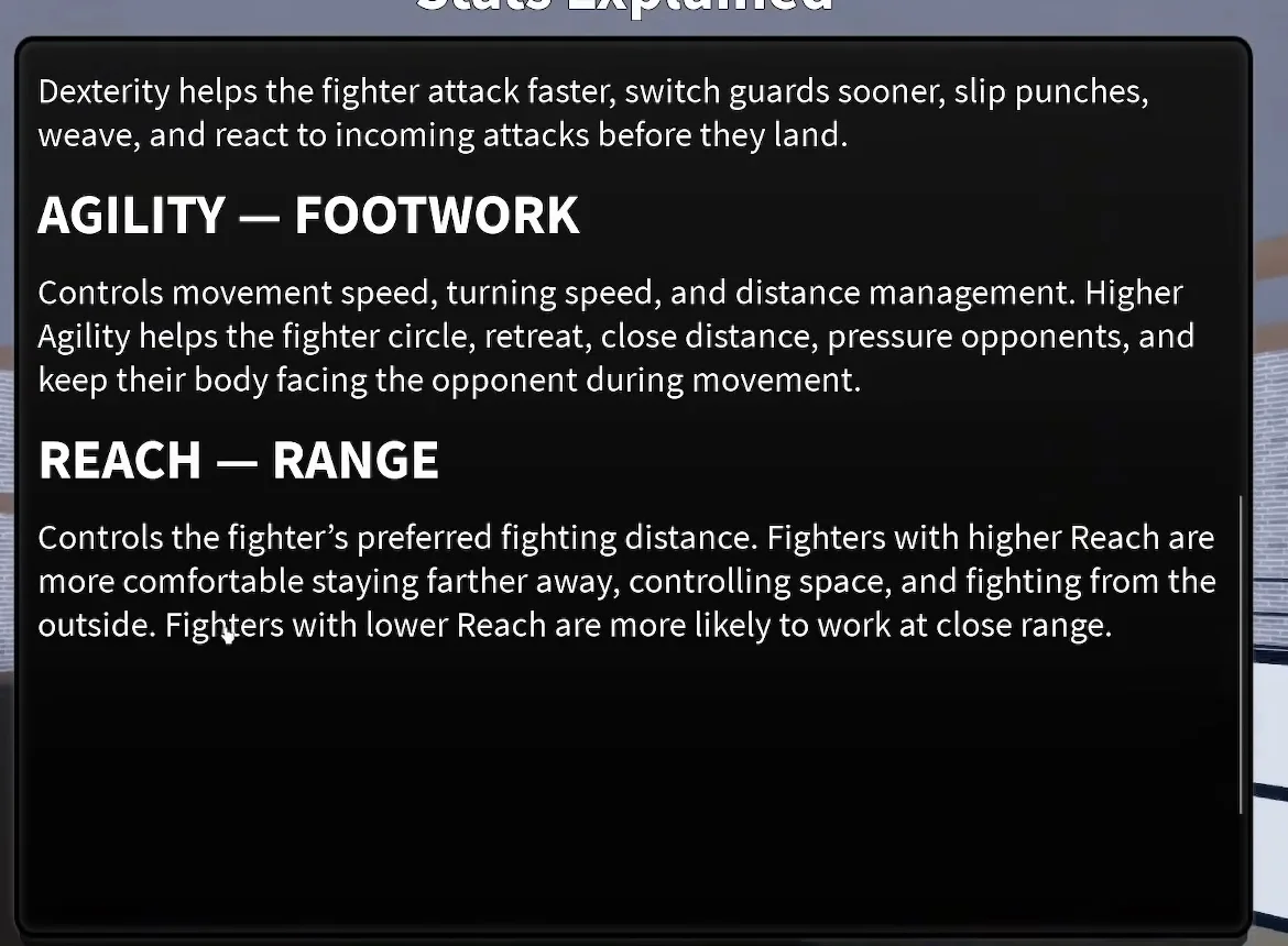 Coach a Fighter Stats Explained panel showing Agility Footwork and Reach Range